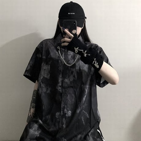 ユニセックス タイダイ染め シャツ チェーン 半袖 オーバーサイズ メンズ レディース トップス 大きめ ルーズ カジュアル ストリートファッションDTC-618350783067)