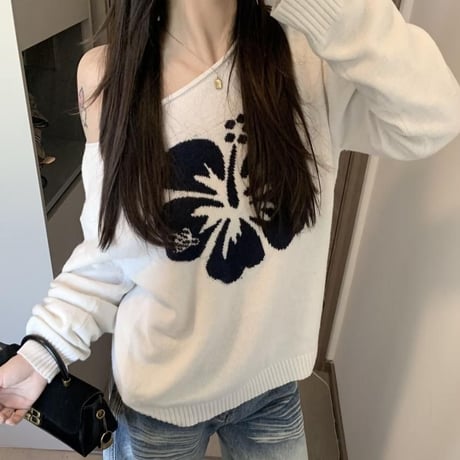 ニット トップス オフショルダー ハイビスカス柄 プルオーバー ワンショルダー 花柄 ゆったり ルーズ 長袖 レトロ 大人可愛い ガーリー DTCA-990809108327
