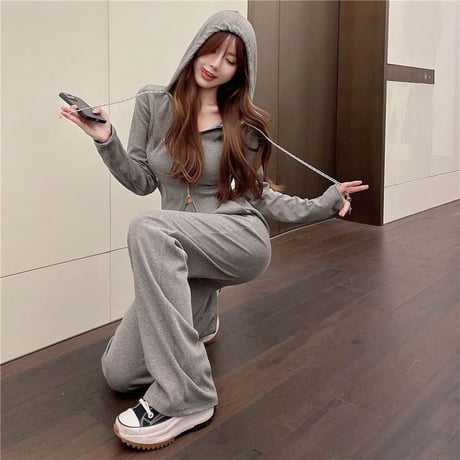 セットアップ 2点セット スウェット ダブルジップ パーカー ショート丈 パンツ スリムフィット 不規則デザイン トップス ボトムス 長袖 レトロ カジュアル DTCA-764266076419
