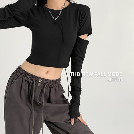 カットアウト Tシャツ クロップド丈 クルーネック ロンT トップス ショート丈 スリムフィット シンプル 長袖 ルーズ レトロ 大人可愛い ガーリー カジュアル DTCA-740310634830