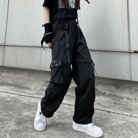 2WAY カーゴパンツ ワイドパンツ バックルベルト ストラップ ミリタリーパンツ アシンメトリー ウエストゴム 韓国ファッション レディース 大人可愛い ガーリー DTC-656242658198