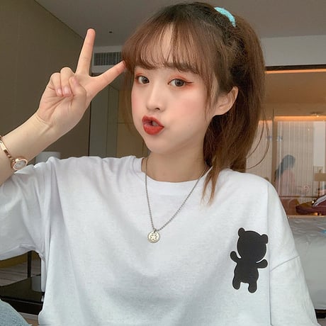 クマちゃん Tシャツ 半袖 ショート丈 韓国ファッション レディース ベアー ホワイト パープル シンプル カットソー ラウンドネック かわいい カジュアル ガーリー 619320885563