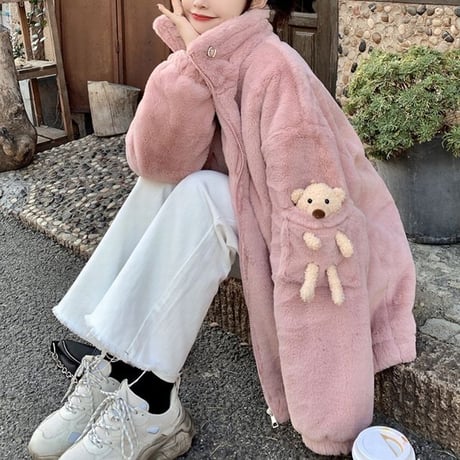 クマのぬいぐるみ付き ボアジャケット ボアブルゾン ゆったり アウター レトロ 韓国ファッション レディース 大人可愛い ガーリー フェミニン カジュアル DTC-657634169827
