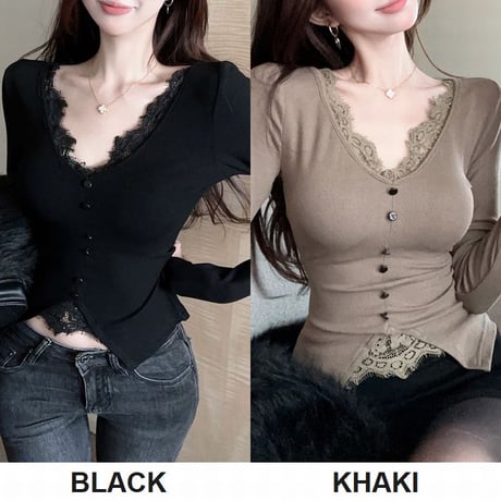 フェイクレイヤード レース トップス Vネック ロンT スリムフィット スリムトップス 長袖 レトロ 大人可愛い ガーリー DTCA-832572089482