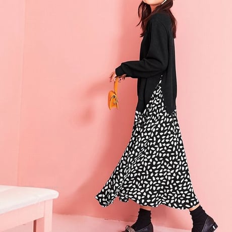 レディース ドッキングワンピース サイドスリット レイヤード風 ニット ロング丈 長袖 フェミニン 韓国ファッション オルチャン (DCT-577605333922)