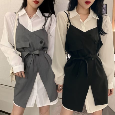 セットアップ ロングシャツ ＋ サスペンダースカート 韓国ファッション レディース 不規則デザイン ワンピース シャツ ハイウエスト 大人可愛い ガーリー (DTC-610138365332)