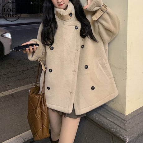 フェイクファー コート ネックベルト ハイネック ミドル丈 もこもこ ダブルブレスト ゆったり 韓国ファッション レディース 大人可愛い ガーリー DTC-659758489729