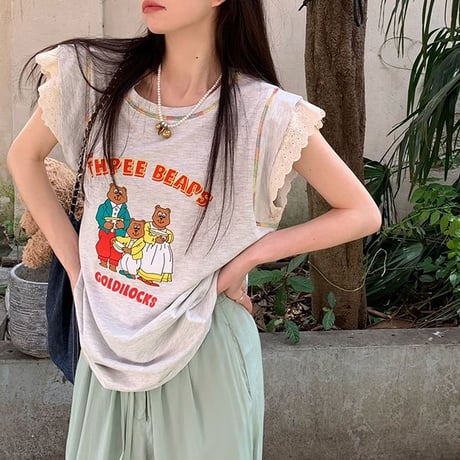 Tシャツ フライングスリーブ レース トップス ノースリーブ オーバーサイズ レトロ 韓国ファッション レディース 大人可愛い ガーリー カジュアル DTC-768900343552