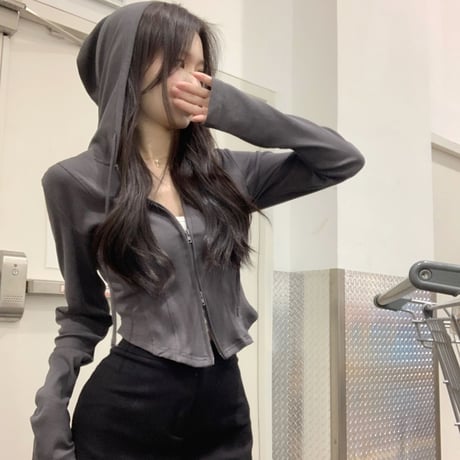 ダブルジップ パーカー ショート丈 トップス スリムフィット 長袖 レトロ 韓国ファッション レディース 大人可愛い ガーリー カジュアル DTC-763175238530