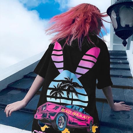 ユニセックス 半袖 Tシャツ メンズ レディース うさぎモチーフ 英字 ヤシの木 車 プリント オーバーサイズ 大きいサイズ ルーズ ストリート TBN-601743728424