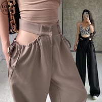 サイドオープン ワイドパンツ ハイウエスト レースアップ セクシー ボトムス ルーズ レトロ 韓国ファッション レディース 大人可愛い ガーリー DTC-637278497069