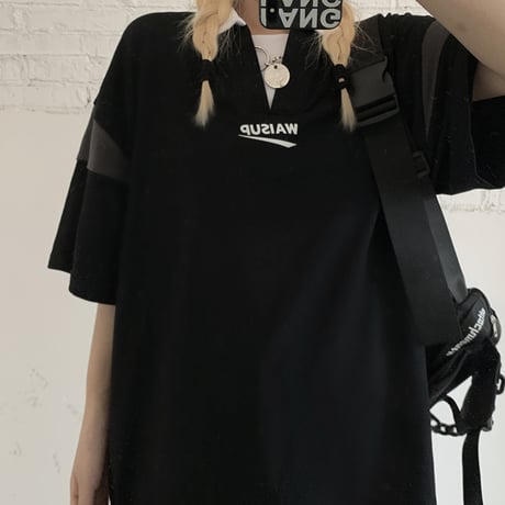 ユニセックス バイカラー ポロシャツ 半袖 オーバーサイズ 韓国ファッション メンズ レディース トップス ルーズ カジュアル ストリートファッション DTC-643113682356