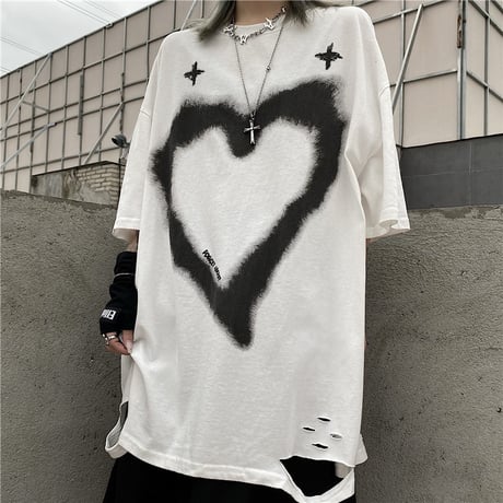 ユニセックス ダメージ加工 Tシャツ ハート クロス 半袖 オーバーサイズ 韓国ストリート系 韓国ファッション メンズ レディース カジュアル ストリートファッション DTC-643334954197
