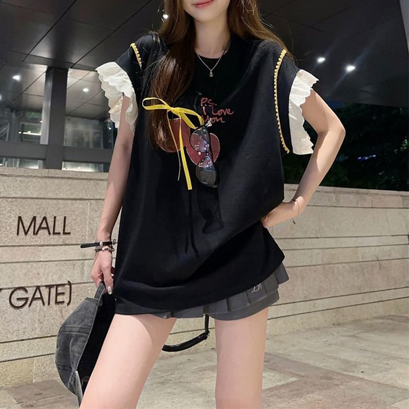 Tシャツ リボン さくらんぼプリント フライングスリーブ レース