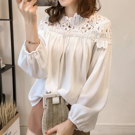 レディース シフォン レースブラウス シフォンレースシャツ チュニック 体型カバー 刺繍 レースアップ ゆったり 韓国ファッション (DCT-567410160244)