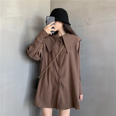 ブラウス シャツ 大きい襟 ベルト 長袖 韓国ファッション レディース ワンピース トップス ゆったり カットソー 大人可愛い ガーリー DTC-625594554550