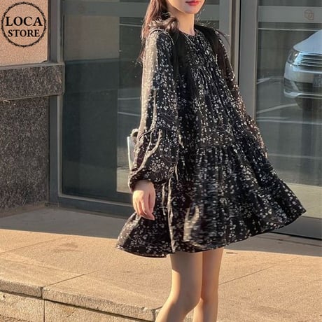 花柄 ワンピース ランタンスリーブ フリル ミニワンピース ゆったりウエスト Aライン ルーズ 長袖 レトロ 韓国ファッション レディース 大人可愛い ガーリー DTC-734739190315