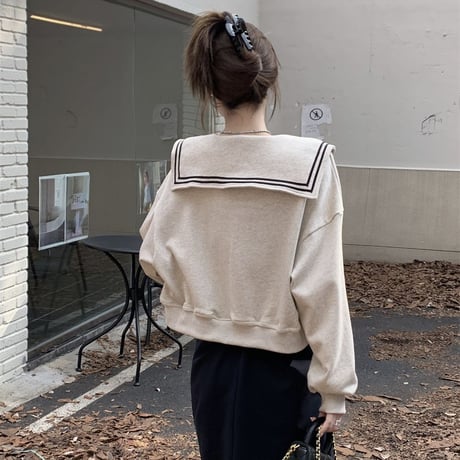 ショートジャケット セーラー襟 配色ライン スウェット ルーズ レトロ 韓国ファッション レディース 大人可愛い ガーリー カジュアル DTC-683356752663