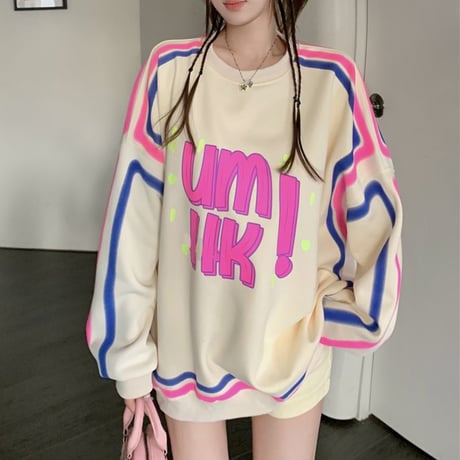 トレーナー ロゴ 配色 厚手 オーバーサイズ スウェット トップス 長袖 韓国ファッション レディース 大人可愛い ガーリー DTC-744872116406