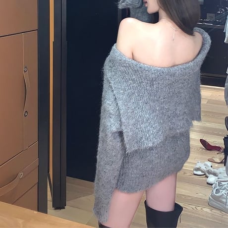 ニットワンピース セーラーカラー ボタン オフショルダー リブワンピース ミニワンピース 長袖 レトロ 大人可愛い ガーリー DTCA-975908412569