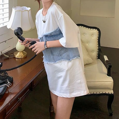 Tシャツ 半袖 デニムミックス 異素材 オーバーサイズ ルーズ 韓国ファッション レディース 大人可愛い ガーリー カジュアル 韓国ストリートファッション DTC-675175759418