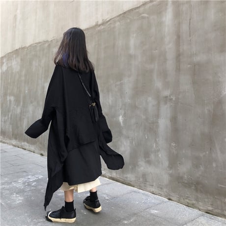 アシンメトリー ロングシャツ 長袖 ルーズ 韓国ファッション レディース シャツワンピース シャツ アシメ 不規則デザイン 暗黒系 ドルマンシャツ ガーリー DTC-601048675644