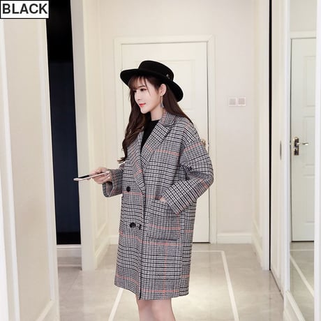 チェスターコート チェック柄 ひざ丈 韓国 ファッション レディース アウター ウールコート ダブルブレス レトロ ガーリー (DTC-603144493061)