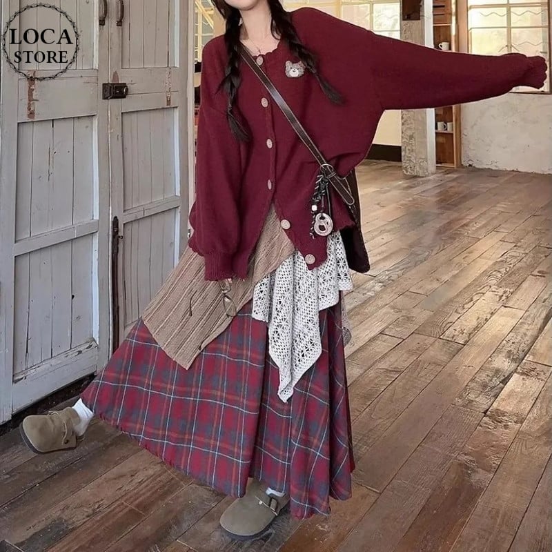 セットアップ カーディガン クマちゃん ロングスカート 不規則