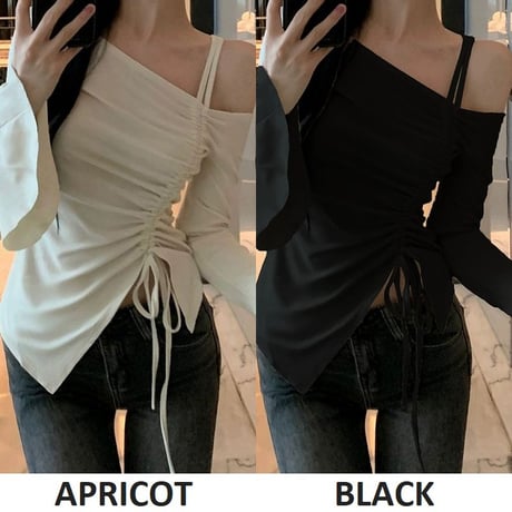 Tシャツ ワンショルダー ギャザー カットソー トップス ショート丈 不規則 スリムフィット アプリコット ブラック シンプル 長袖 レトロ 大人可愛い ガーリー DTCA-757439921172