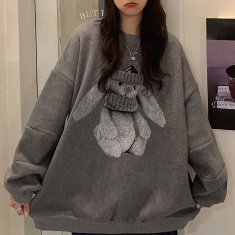 トレーナー うさぎ ラビット スウェット 厚手 オーバーサイズ 長袖 ゆったり レトロ 韓国ファッション レディース 大人可愛い ガーリー カジュアル DTC-659139065147