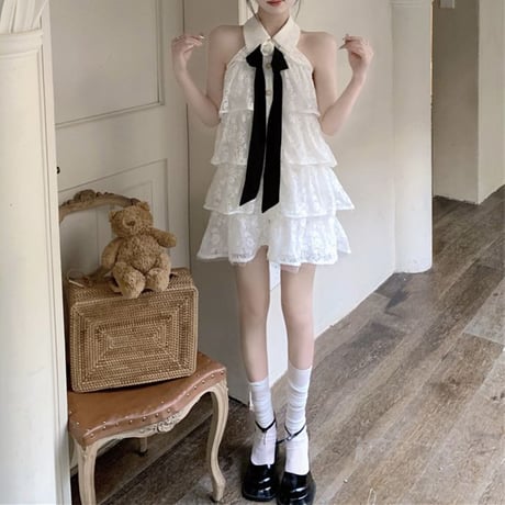リボンタイ ノースリーブ ティアード ワンピース レース フリル フラワーリボン ミニワンピース 韓国ファッション レディース 大人可愛い ガーリー フェミニン DTC-707096470290