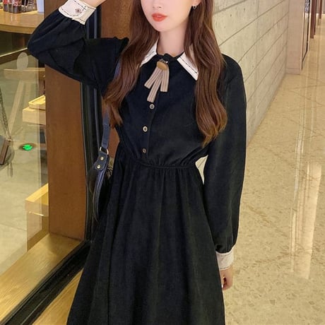 【2カラー】ワンピース リボンタイ 襟付きワンピース ポロカラー ハイウエスト 長袖 レトロ 韓国ファッション レディース 大人可愛い ガーリー フェミニン DTC-629140556561