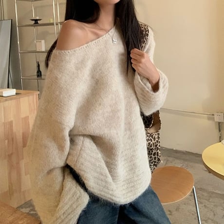 ニット ワンショルダー プルオーバー セーター ルーズ トップス 秋 冬 長袖 レトロ 韓国ファッション レディース 大人可愛い ガーリー カジュアル DTC-841323361590