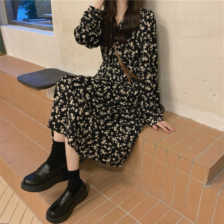 Vネック ハイウエスト ロングワンピース Aライン レトロ格子柄 花柄 ワンピース Vネック ハイウエスト 伸縮性ウエスト Aライン