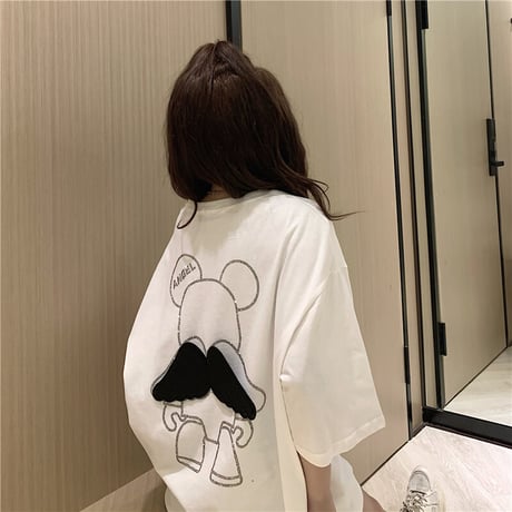 Tシャツ 半袖 スパンコール 羽 エンジェルくまちゃん シンプル ガーリー フェミニン カジュアル 韓国ファッション レディース 韓国ストリートファッション DTC-639357224388