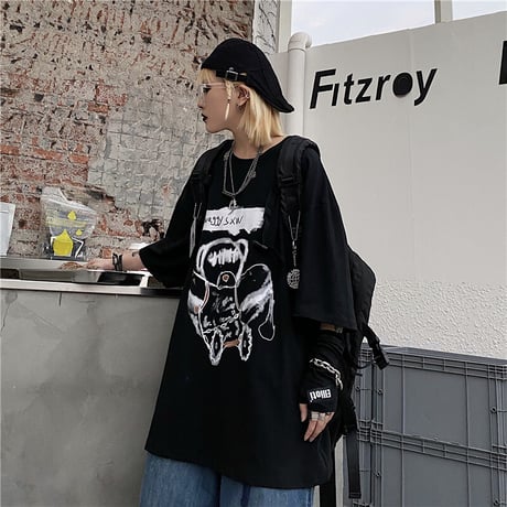 ユニセックス Tシャツ 半袖 ドロップショルダー ダーティーベア オーバーサイズ 韓国ファッション メンズ レディース トップス 暗黒系 ストリートファッション DTC-621077252226