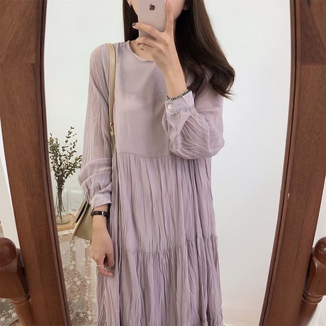 レディース ワンピース しわ加工 フレア ロング丈 レイヤード 重ね着風 フェミニン 韓国ファッション オルチャン (DCT-583465390564)