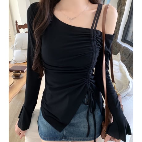 Tシャツ ワンショルダー ギャザー カットソー トップス ショート丈 不規則 スリムフィット アプリコット ブラック シンプル 長袖 レトロ 大人可愛い ガーリー DTCA-757439921172