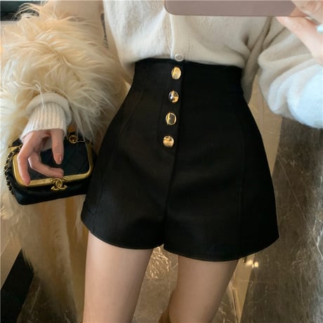 ショートパンツ ハイウエスト ゴールドボタン センタープレス ショーパン レトロ 韓国ファッション レディース 大人可愛い ガーリー DTC-660050274344