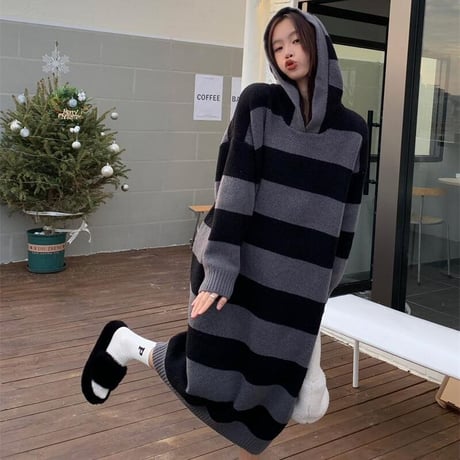 ボーダー柄 フード付き ニットワンピース ロング丈 ニット 長袖 ゆったり ルーズ レトロ 韓国ファッション レディース 大人可愛い ガーリー カジュアル DTC-663533210883