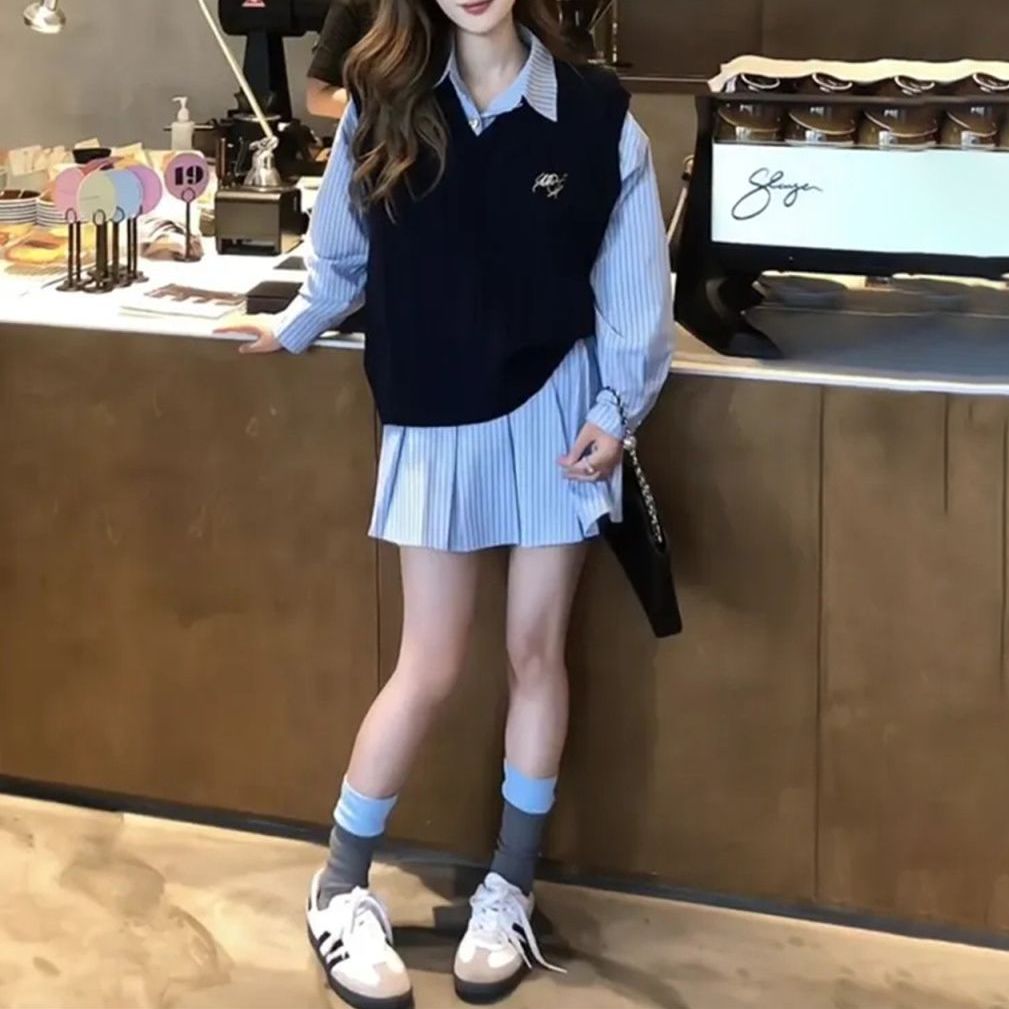 2点セット セットアップ ニットベスト シャツワンピース Vネック