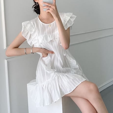 フリルワンピース プリーツ Aライン フレア ノースリーブ クルーネック ミニワンピース レトロ 大人可愛い レトロ ガーリー 韓国ファッション レディース DTC-673768927996