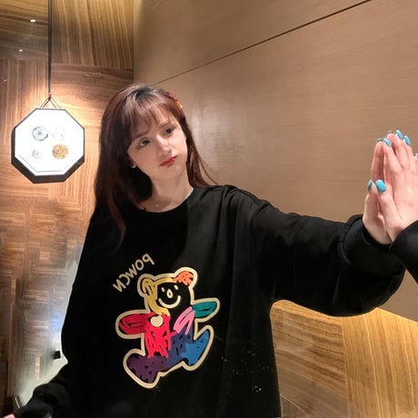 トレーナー 落書き風 クマちゃん プリント ルーズ スウェット 韓国ファッション レディース ラウンドネック 長袖 ガーリー (DTC-624906211705)