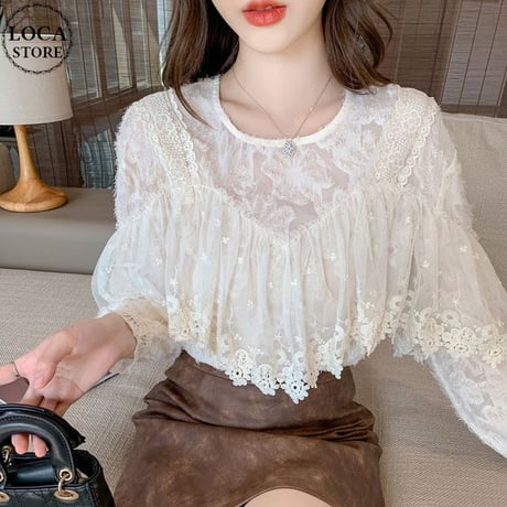 レース ブラウス フリル ランタンスリーブ シフォン トップス ルーズ 長袖 レトロ 韓国ファッション レディース 大人可愛い ガーリー フェミニン DTC-769080914835