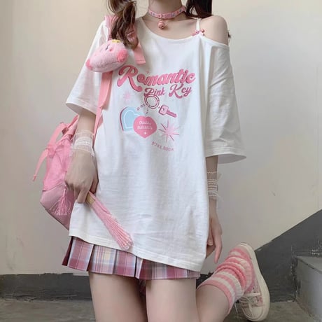 ワンショルダー Tシャツ オーバーサイズ 半袖 肌見せ アシンメトリー レトロ 韓国ファッション 地雷系 ガーリー カジュアル 韓国ストリート系ファッション DTC-670713916839