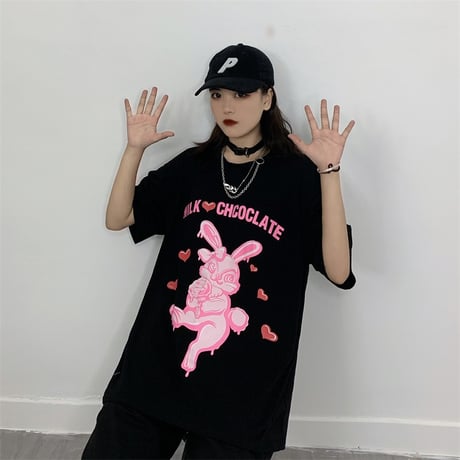 ユニセックス Tシャツ 半袖 メンズ レディース ラウンドネック うさぎ ラビット プリント オーバーサイズ 大きいサイズ ルーズ ストリート TBN-616203345862