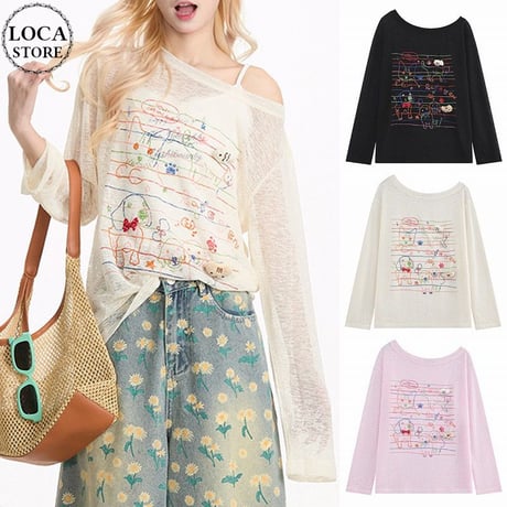 シアートップス 落書き風プリント 薄手 UVカット ワンショルダー シアーtシャツ ロンt トップス 日焼け防止 ゆったり 長袖 レトロ 大人可愛い ガーリー DTCA-925730185096