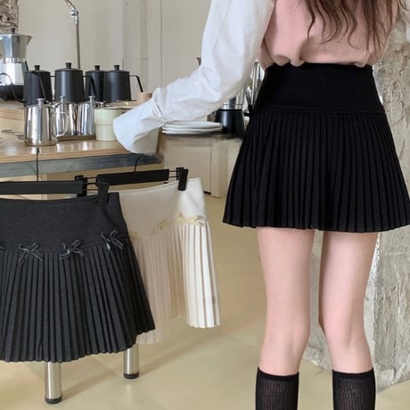 プリーツスカート リボン ミニスカート ハイウエスト Aライン スカート 脚長 レトロ 大人可愛い ガーリー 韓国ファッション レディース カジュアル フェミニン DTCA-837145949061