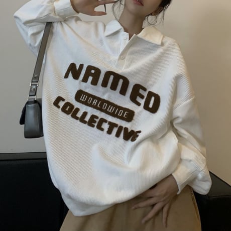 コーデュロイ トップス プルオーバー 襟付き ボアロゴ 長袖 レトロ 韓国ファッション レディース カジュアル ストリート系ファッション DTC-656796001733