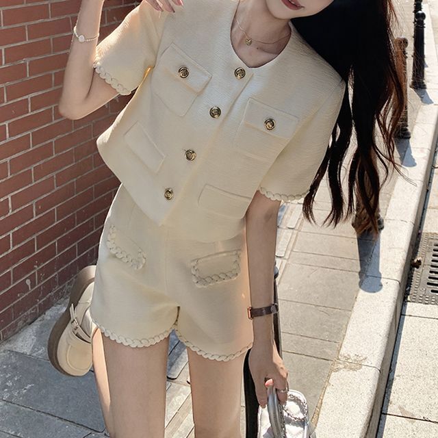 セットアップ ノーカラージャケット ショートパンツ 半袖 セットアップ ノーカラージャケット ショートパンツ 半袖
